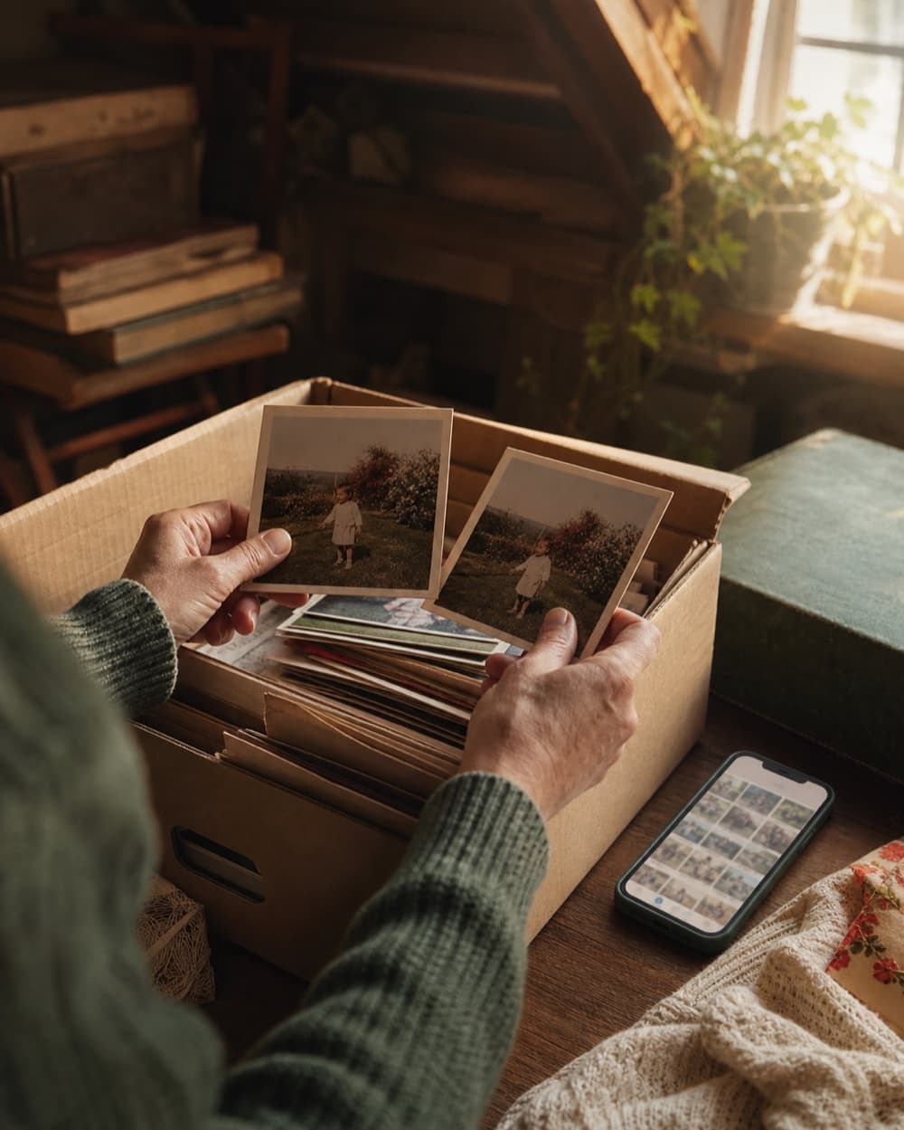 Someone sorting old family photos beside an iPhone showing a photo library