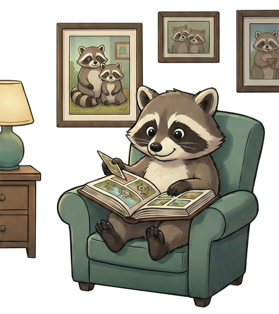 Lumenist raccoon relaxing in an armchair while looking through a family photo album