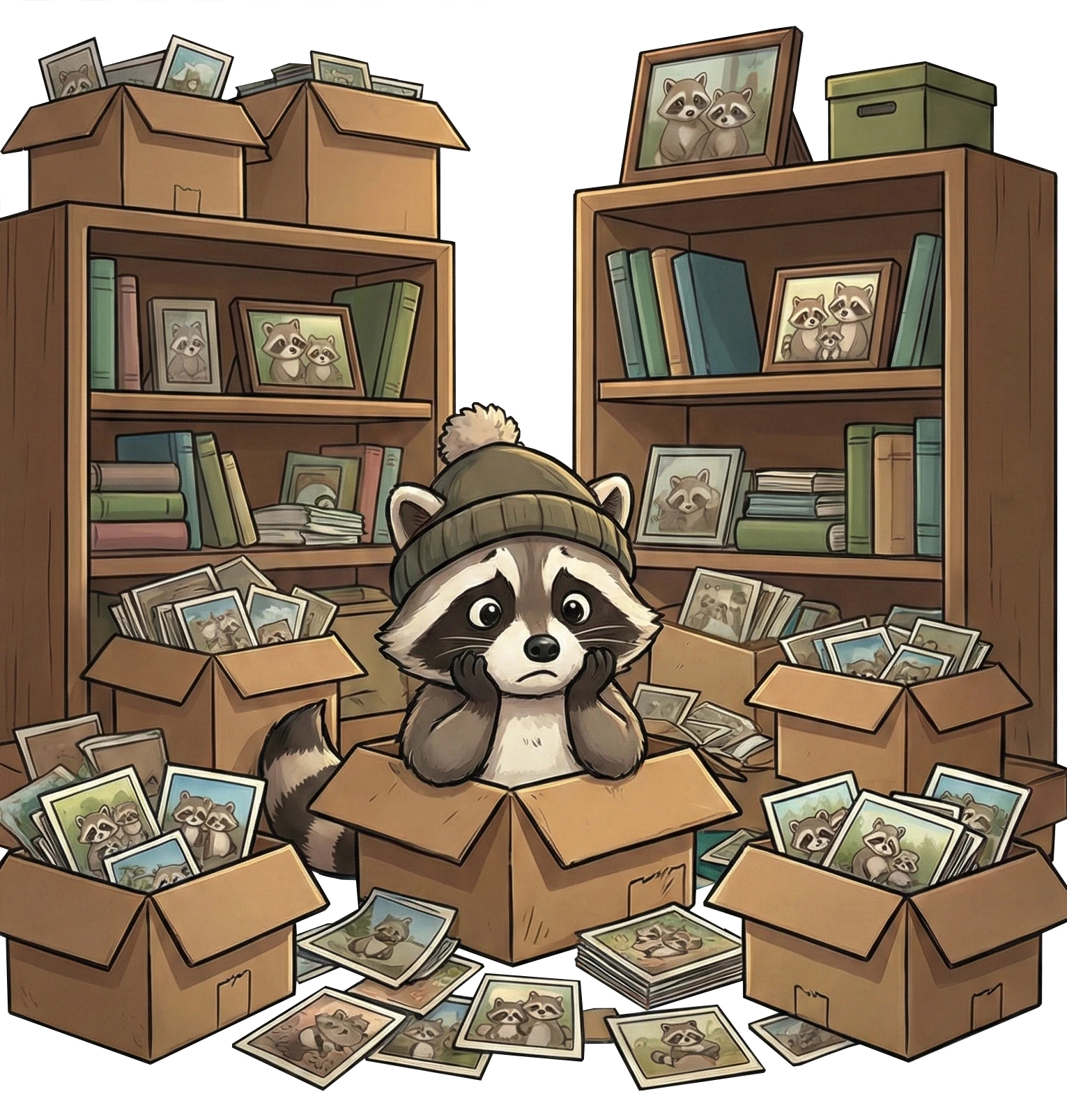 An overwhelmed Lumenist raccoon surrounded by boxes of family photographs