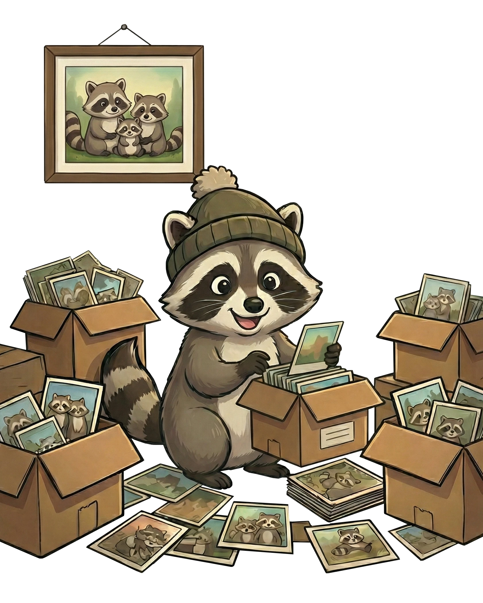 A cheerful Lumenist raccoon making progress through boxes of family photos