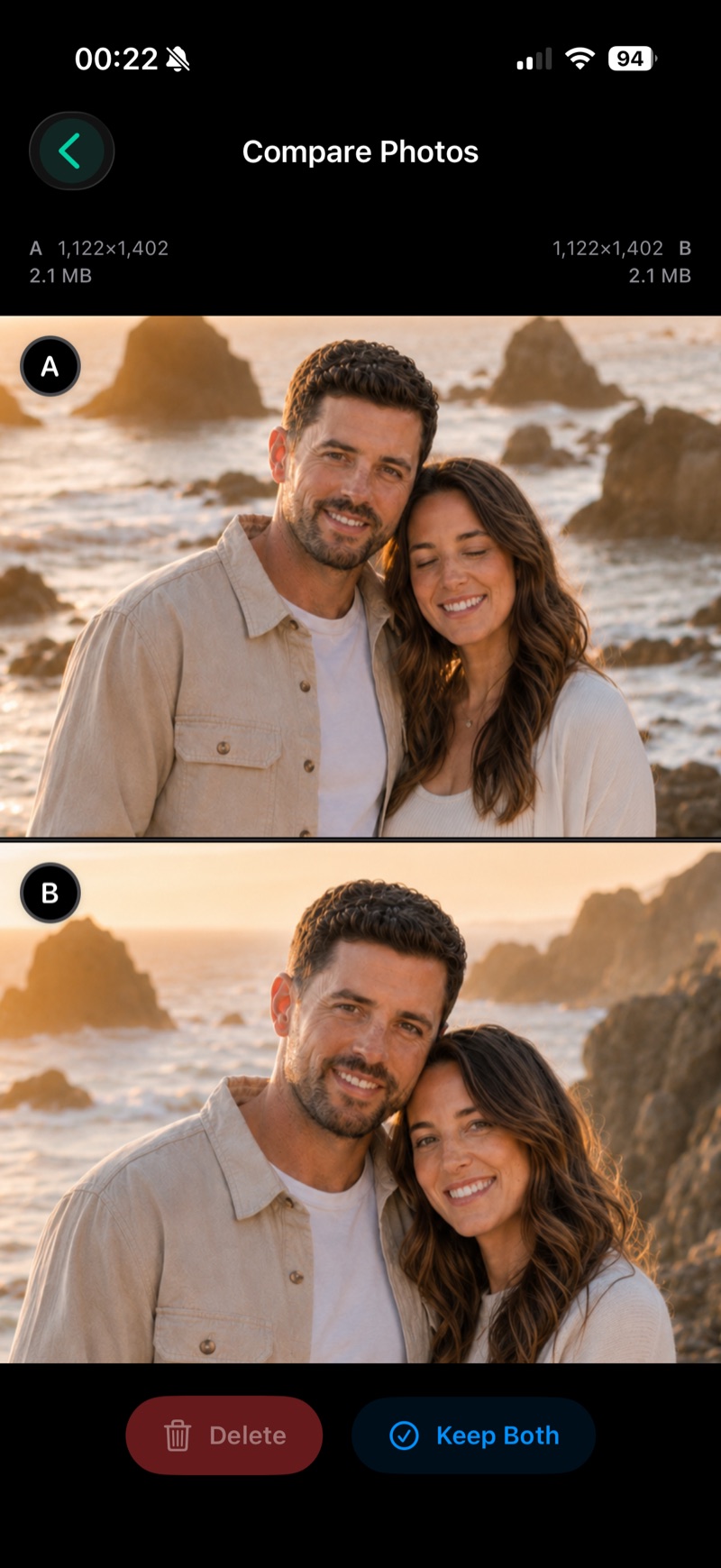 Lumenist Compare Photos screen with two similar portraits